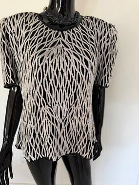 Vintage Steinar XL 100% Silk Hand Sequined Top Black Ivory Beaded Evening Blouse